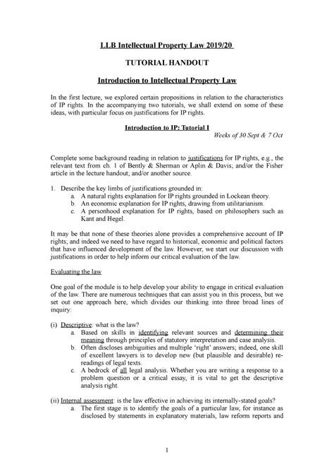 Ipl Tutorial Handout Intro To Ip 2019 20 Llb Intellectual Property