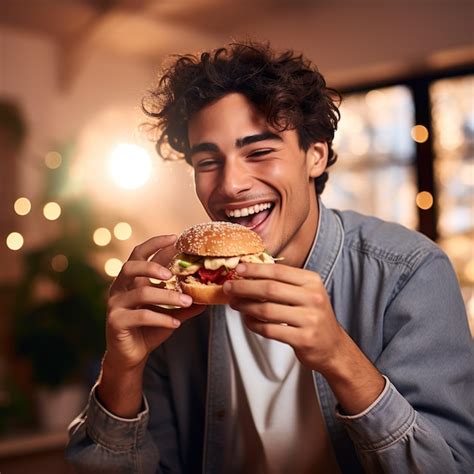 Close Up Of Happy Smiling Man Eating Burger In Airestaurant Made With