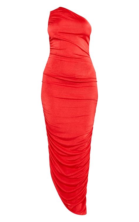 Burgundy One Shoulder Ruched Slinky Maxi Dress Dresses