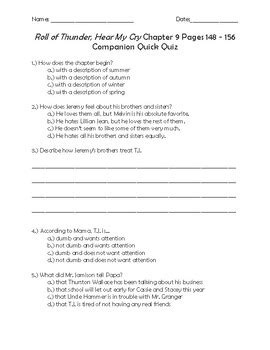 Roll Of Thunder Hear My Cry Chapter 9 Pages 148 156 Companion Quick Quiz