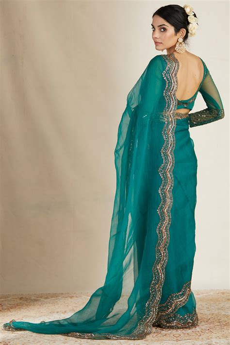 Teal Green Silk Organza Saree Set By Astha Narang At Pernias Pop Up Shop 2024