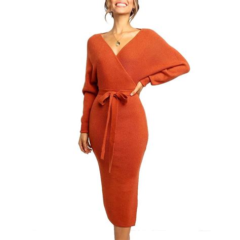 Sysea Womens Long Maxi Sweater Dresses Sexy Wrap Batwing V Neck Slit