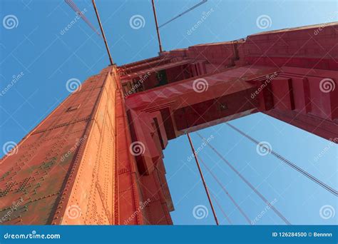 Bright Red Column Of Golden Gate Bridge Stock Photo Image Of Historic