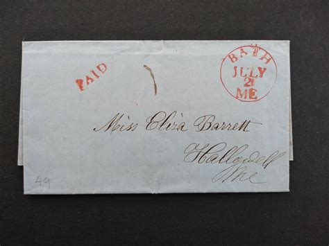 Maine Bath 1849 Stampless Cover Red Home Made CDS And PAID To