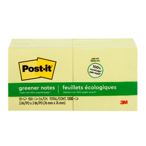 Post It Greener Notes 3 In X 3 In 12 Pads 100 Sheets Pad Clean