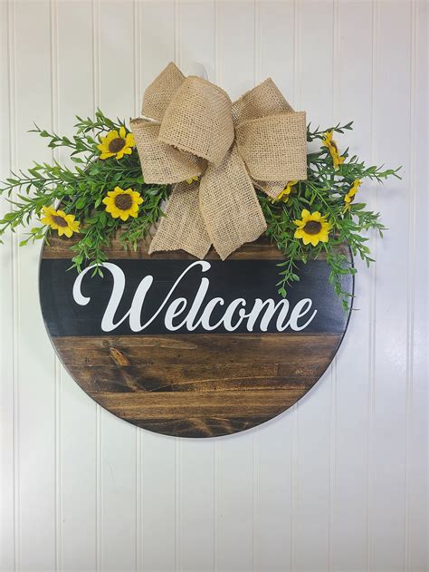 Sunflower Door Hanger Welcome Wooden Round Sign Etsy