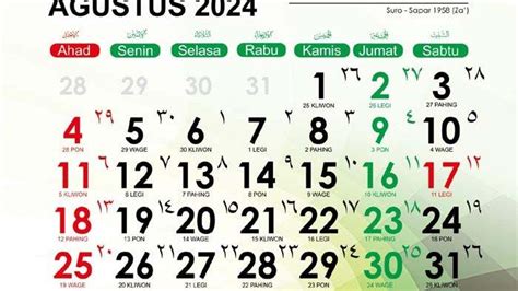 Kalender Agustus Lengkap Dengan Tanggal Merah Hijriyah Dan Weton