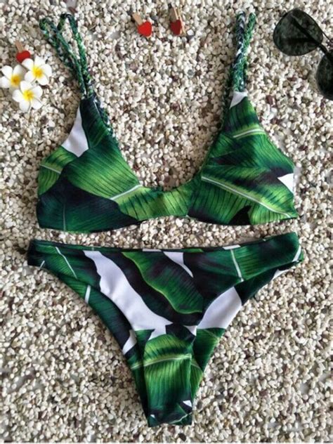 Palm Tree Braided Cami Bikini Set Green Bikinis M Zaful