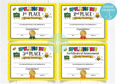 spelling bee certificates    place achievement