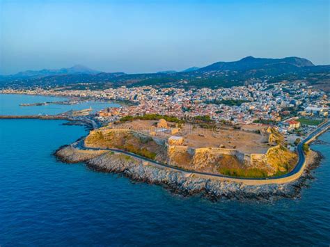 Sunset Aerial View Of Venetian Fortezza Castle In Greek Town Ret Stock