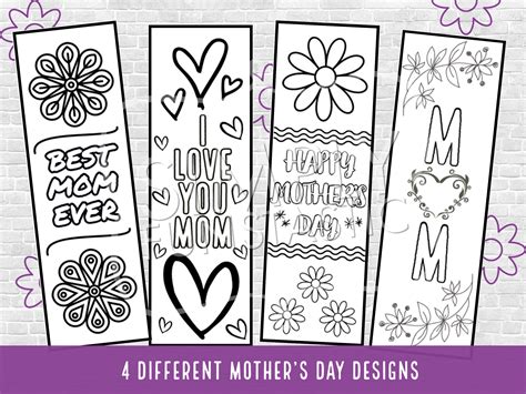 Whimsical Mothers Day Coloring Bookmarks Set Of 4 For Mom Instant