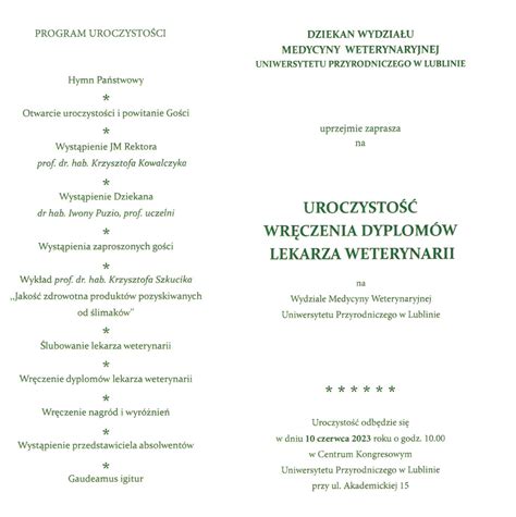 Zaproszenie na uroczystość wręczenia dyplomów lekarza weterynarii