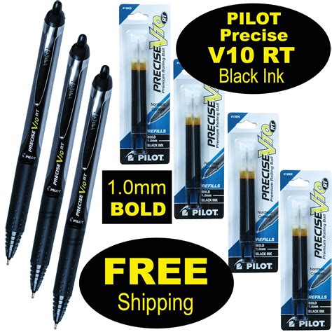 Pilot Precise V10 Rt 3 Pens 4 Packs Of Refills Black Ink 10mm Bold