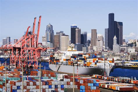 Loaded Container Ship In Seattle Harbor By Jeremy Woodhouse