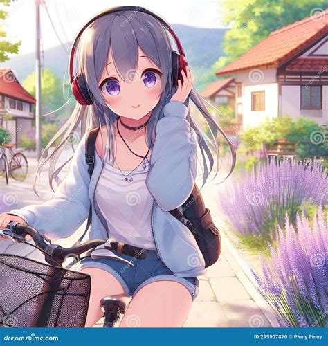 An Adorable Anime Girl Riding Bicycle Wearing Headphone At A Lavender