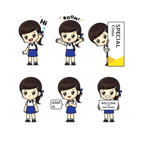 Premium Vector | Set of cute girl student in school uniform mascot ...