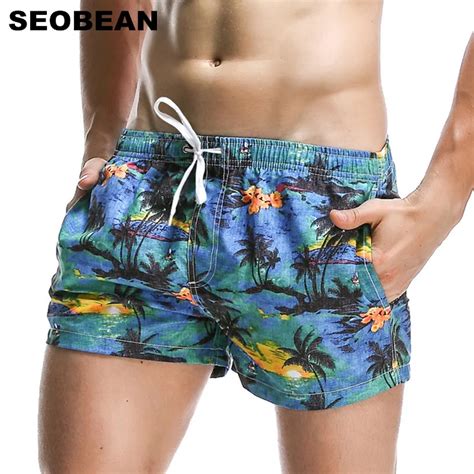 Seobean Summer Style Men Sea Beach Shorts Coconut Tree Leaf Print Board