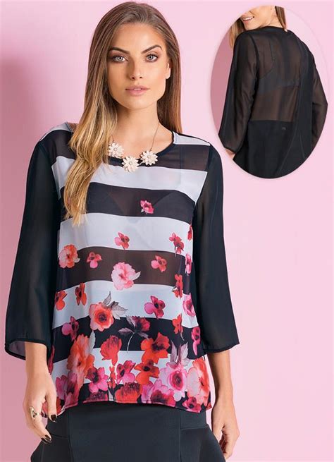 Blusa Leve Transparência Listrado e Floral Quintess