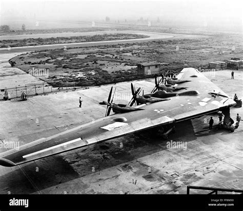 WWII: FLYING WING XB-35. /nExperimental Northrop Flying Wing XB-35 undergoing outdoor engine and ...