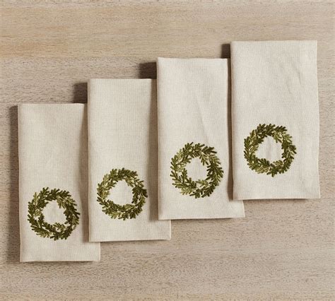 Rustic Wreath Embroidered Cotton Linen Napkins Set Of 4 Pottery Barn