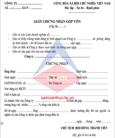 Mẫu giấy chứng nhận phần vốn góp mới nhất