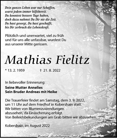 Traueranzeigen Von Mathias Fielitz Trauer Anzeigen De