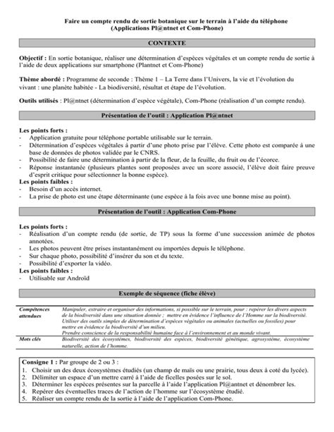 Faire un compte rendu de sortie botanique sur le terrain à l aide du