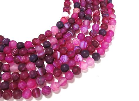 Stripe Agate Beads Matte Pink Fuchsia Round Natural Gemstone Loose Beads Sold By Strand