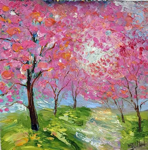 Spring Trees Oil Painting Cherry Blossom Landscape Palette Knife