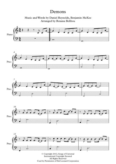 Demons Arr Roxana Belibou By Imagine Dragons Sheet Music For Easy