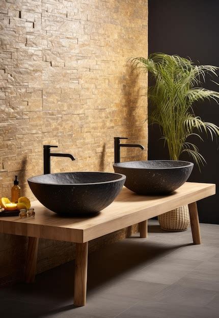 Premium Photo Two Black Bowls On Wooden Table