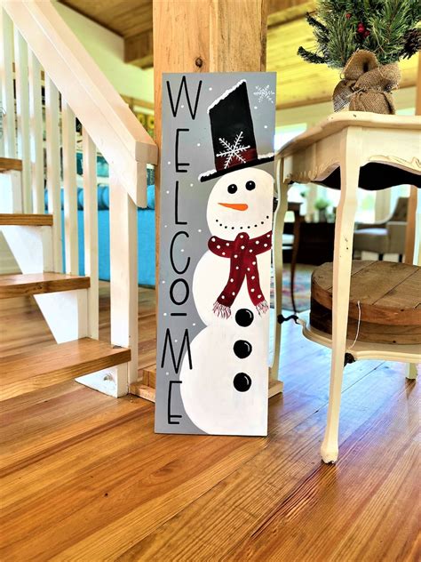 Welcome Snowman Porch Sign Winter Porch Sign Vertical Wood Etsy