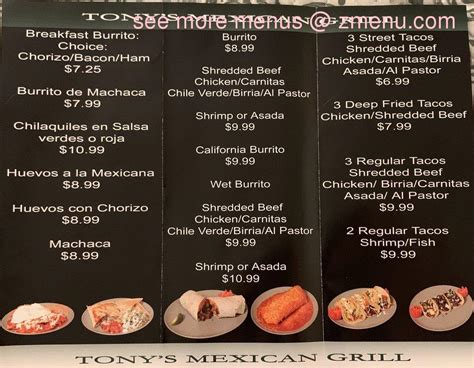 Online Menu of Tonys Mexican Grill Restaurant, Riverside, California ...