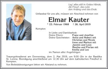 Traueranzeigen von Elmar Kauter Allgäuer Zeitung