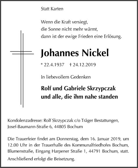 Traueranzeigen Von Johannes Nickel Trauer In NRW De