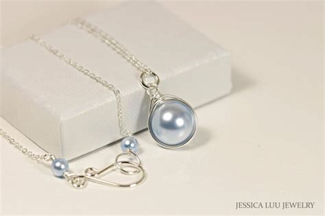 Light Blue Pearl Necklace Wire Wrapped Jewelry Sterling Silver Etsy