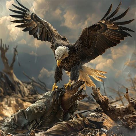 Bald Eagle Landing On Fallen Soldiers Helmet Premium Ai Generated Image