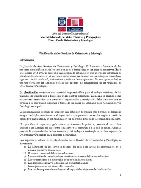 Planificación De La Unidad De Orientación Y Psicología Planificación