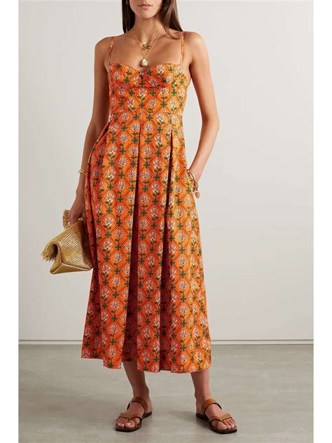 Orange Net Sustain Mambo Pleated Floral Print Cotton Poplin Midi