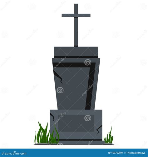 Grey Tombstone With Grass Icon Isolated On White Background For Halloween Design Old Gravestone