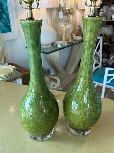 Vintage Pair Mid Century Modern Ceramic Glazed Green Table Lamps Newly Wired For Sale At 1stdibs