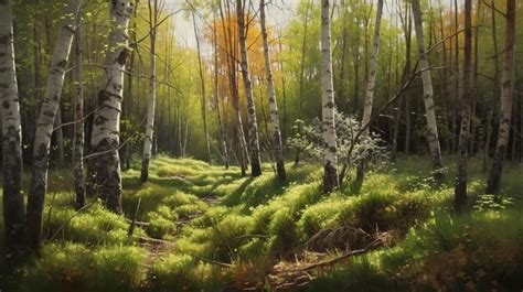 Premium Photo The First Spring Greens In The Birch Grove Sunny Beams