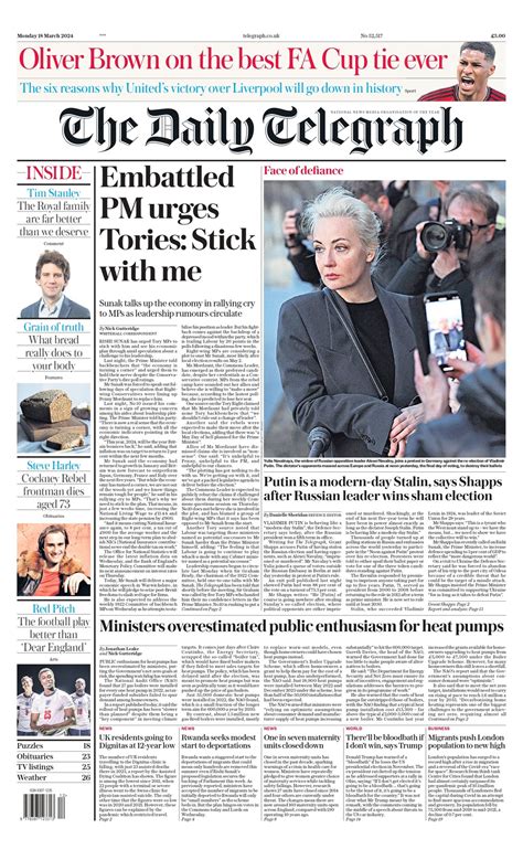 Daily Telegraph Front Page 18th Of March 2024 Tomorrows Papers Today