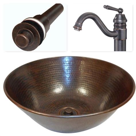 14 Round Copper Vessel Bath Sink With 13 Faucet And Lift And Turn Drain Sink Combos