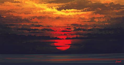 Wallpaper Landscape Painting Sunset Reflection Sunrise Calm