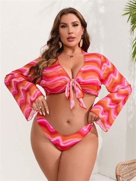 Plus Allover Print Knot Front Bikini Swimsuit With Kimono Shein Usa