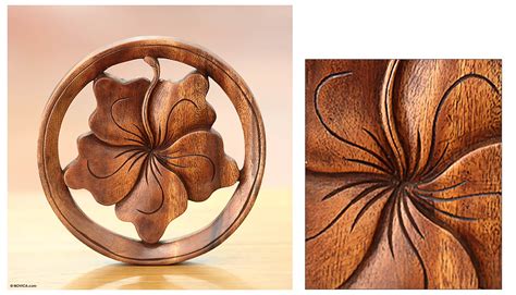 Wood Relief Panel Balinese Hibiscus Flower Novica