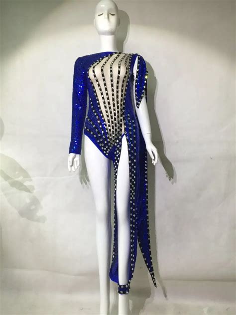 Blue Sequins Buttoms Bodysuit Sexy One Leg Beads Outfit Dance Clubwear