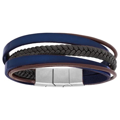 Bracelet En Acier Et Cuir Bleu Marine Marron Et Tresse Noir Cm