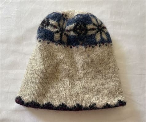 Vintage Eddie Bauer Oatmeal Blue Snowflake Wool Blend Knit Hat Made In The Usa Hats